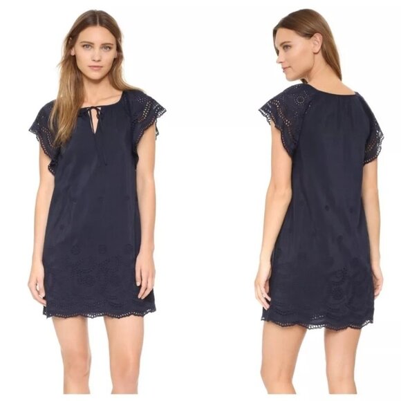 Madewell Size XXS Navy Blue Cotton Silk Eyelet Flutter Sleeve Shimmer Mini Dress - Picture 1 of 7
